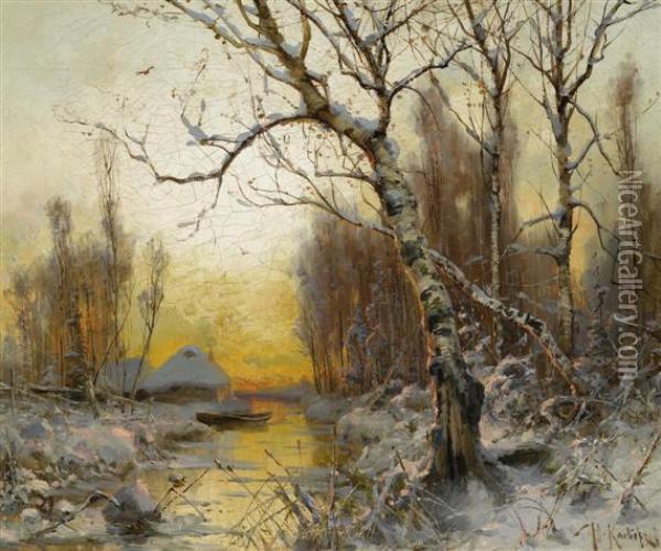 River Landscape In Winter Atsunset Oil Painting - Iulii Iul'evich (Julius) Klever