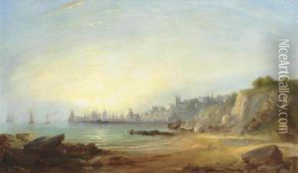 Figures On The Beach At Sunset, A Coastal Town Beyond Oil Painting - Edward Pritchard