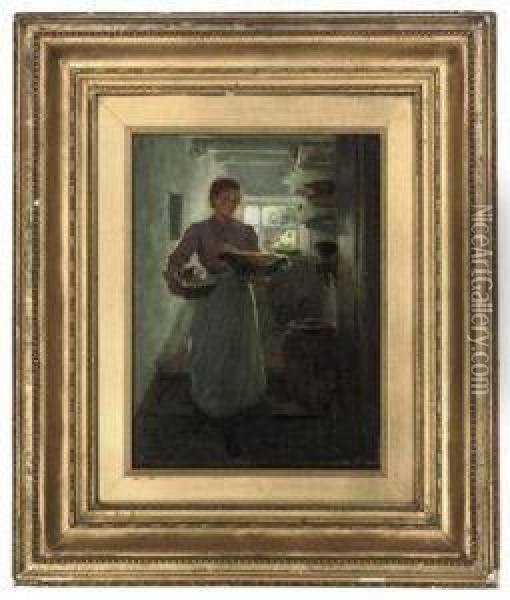 Maid In An Interior Oil Painting - Ralph Hedley