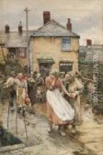 Among The Missing - A Scene In A Cornish Fishing Village Oil Painting - William Langley