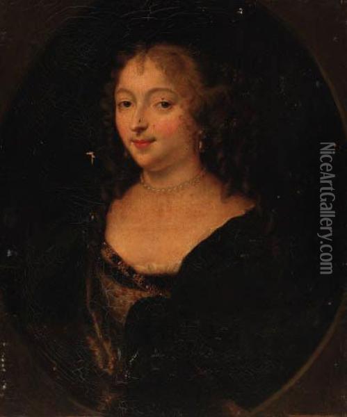 Portrait Of A Lady, Small-half-length, In A Black Dress, With Apearl Choker Oil Painting - Charles Beaubrun