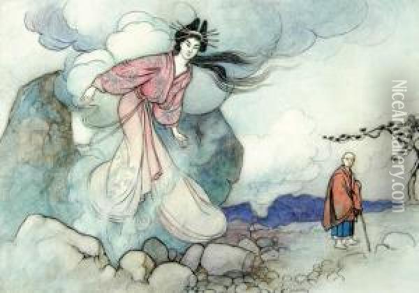 The Princess And The Holy Man. Oil Painting - Warwick Goble