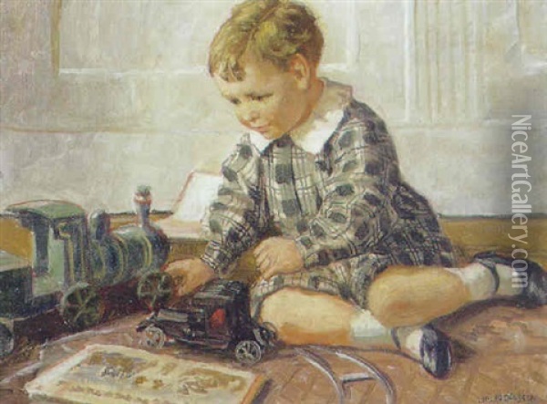 Lille Dreng, Der Leger Med Tog Oil Painting - Luplau Janssen