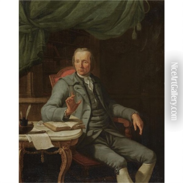 Portrait Of A Gentleman In His Study, Wearing A Grey Suit Oil Painting - Jacques-Albert Senave