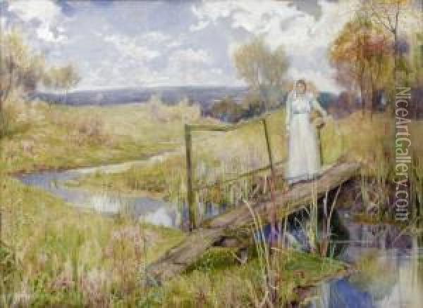 A Girl On A Wooden Bridge Over A Stream Oil Painting - John G. Sowerby