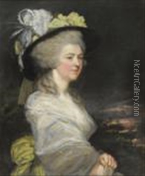 Portrait Of Mrs Frederick, Half Length, Wearing A Cream Lace Dress Decorated With Yellow Flowers Oil Painting - James (Thomas J.) Northcote