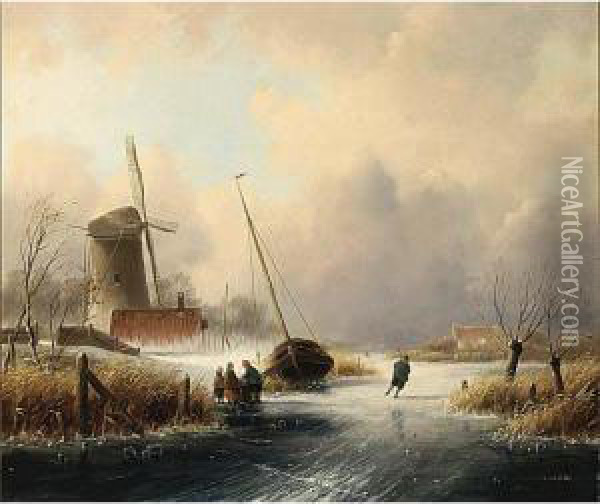 A Winter Landscape With Figures On The Ice Oil Painting - Cornelis Petrus 't Hoen
