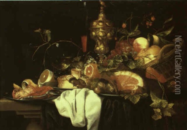 Still Life Of A Crab On A Pewter Plate, Lemon, Pie And A Basket On A Table Oil Painting - Alexander Coosemans