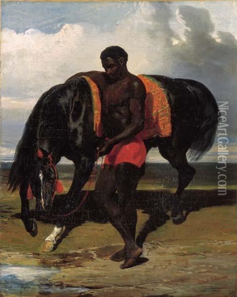 Africain Tenant Un Cheval Au Bord D'une Mer Oil Painting - Alfred De Dreux