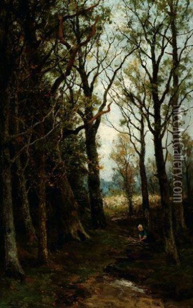 A Woman Gathering Wood In A Forest Oil Painting - Marinus Heijl