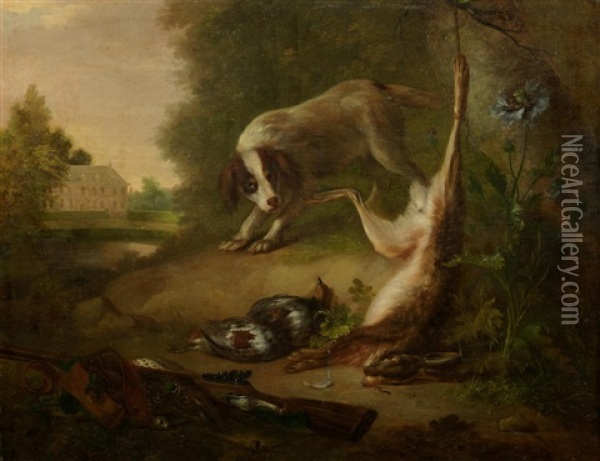 A Spaniel With A Dead Hare, Partridge And Accoutrements Of The Chase With A Country House Beyond Oil Painting - Willem van Leen