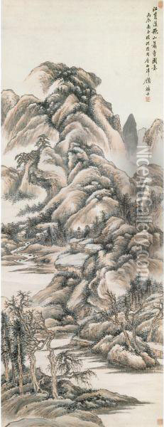 Autumn Mountain Temple Oil Painting - Gu Linshi