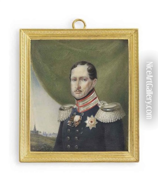 Frederick William Iii (1770-1840), King Of Prussia 1797-1840, In Double-breasted Blue Uniform With Silver-braided Scarlet Collar And Silver Epaulettes Oil Painting - Franz Krueger