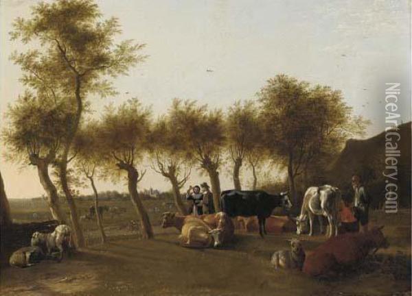 A Landscape With A Milkmaid And A
 Herder With Cows And Sheep, An Elegant Couple On A Tree-lined Path 
Beyond Oil Painting - Paulus Potter