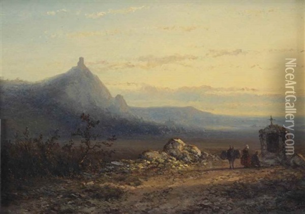 Pilgrims Near A Little Chapel Oil Painting - Johannes Franciscus Hoppenbrouwers