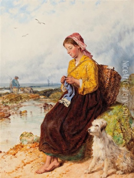 Knitting Baby's Clothes Oil Painting - Isaac Henzell