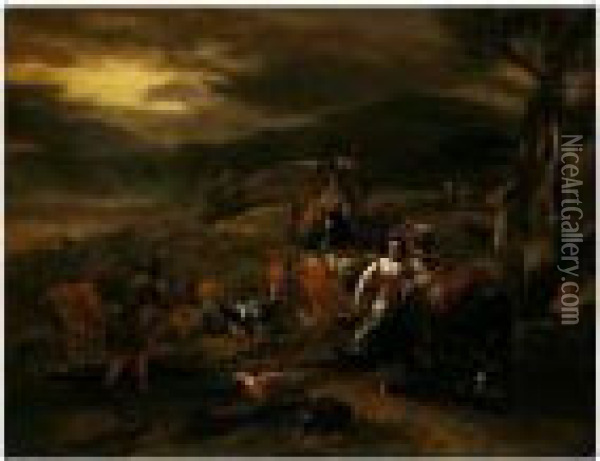 A Rocky Landscape At Sunset With Drovers And Cattle Oil Painting - Nicolaes Berchem