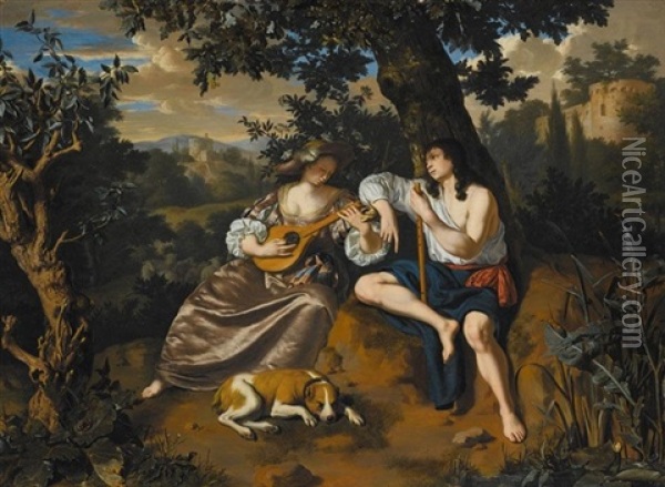 An Arcadian Landscape With A Shepherd Holding A Flute, Listening To A Shepherdess Playing A Cittern, A Dog Lying At Their Feet Oil Painting - Willem van Mieris