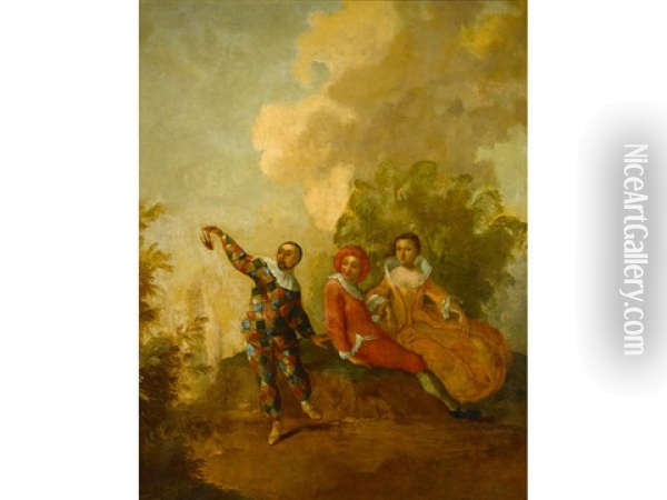 Actors From The Commedia Dell'arte Oil Painting - Claude Gillot
