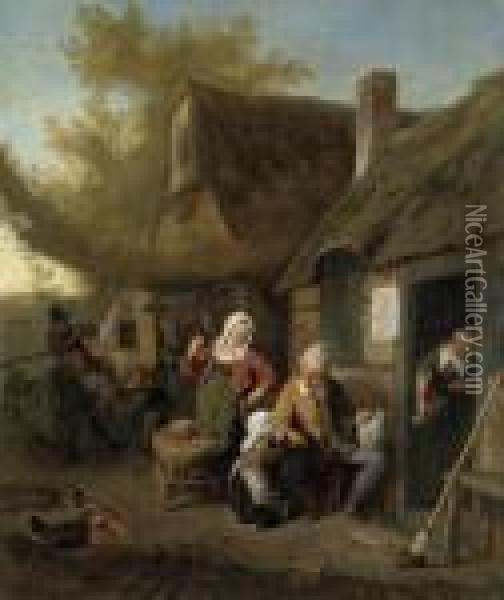 A Peasant Family Outside A Cottage Oil Painting - Cornelis Dusart
