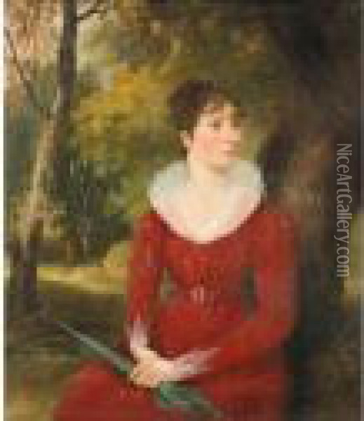A Portrait Of A Lady Wearing A Red Dress And Holding A Green Parasol Across Her Lap Oil Painting - John Constable