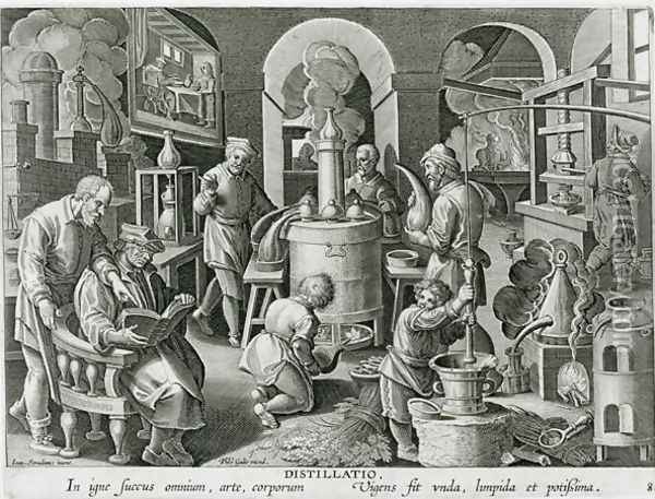 Distillation, boiling water to purify it, engraved by Philip Galle 1537-1612 2 Oil Painting - Giovanni Stradano