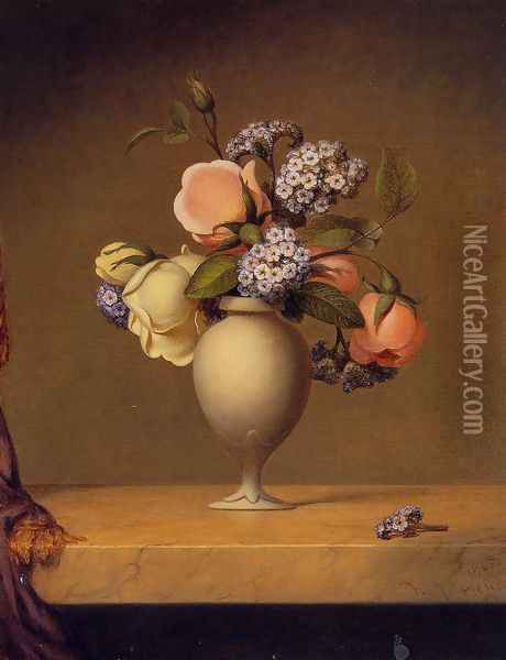 Roses And Heliotrope In A Vase On A Marble Tabletop Oil Painting - Martin Johnson Heade