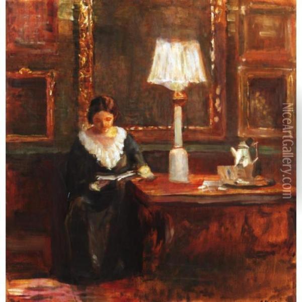 Lady Reading By A Lamp Oil Painting - Carl Vilhelm Holsoe
