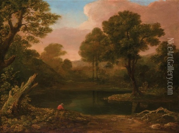 Landscape With Lake And Man Fishing Oil Painting - Thomas Cole