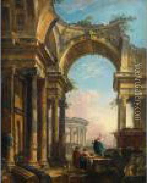 Lavandieres Dans Un Paysage De Ruines Romaines Avec Un Temple Devesta Oil Painting - Pierre-Antoine Demachy
