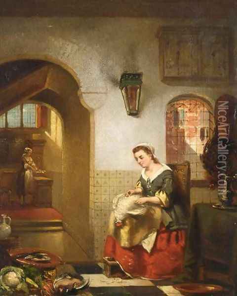 Women Preparing Dinner in a Kitchen Interior Oil Painting - Johannes Anthonie Balthasar Stroebel