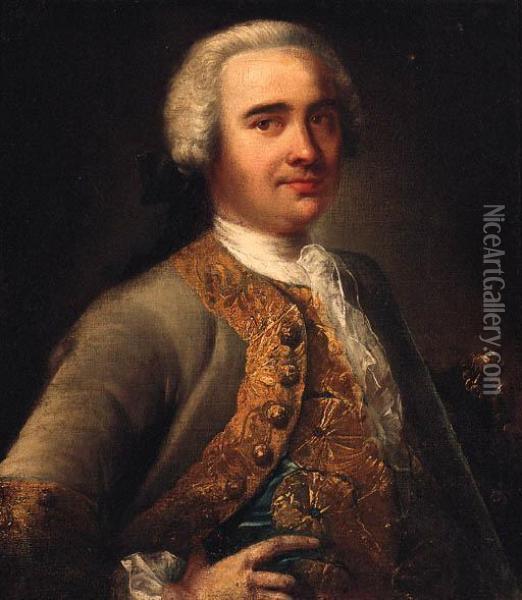 Portrait Of A Gentleman, 
Half-length, In A Gold Embroidered Greycoat And Waistcoat And White 
Stock, A Tricorn Under His Arm Oil Painting - Andrea Soldi