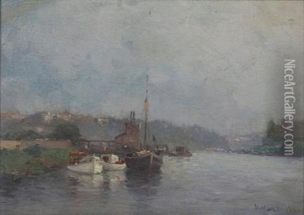 View Of Boats Along A River Oil Painting - Gustav Wolff