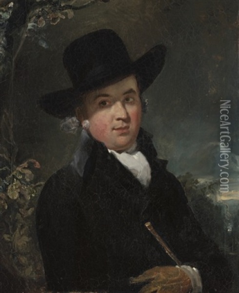Portrait Of The Rev. Andrew Lawrence In A Dark Coat And Hat, Holding A Cane, In A Landscape Oil Painting - Thomas Lawrence