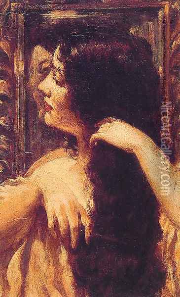 Brunette Combing Her Hair Oil Painting - James Carroll Beckwith