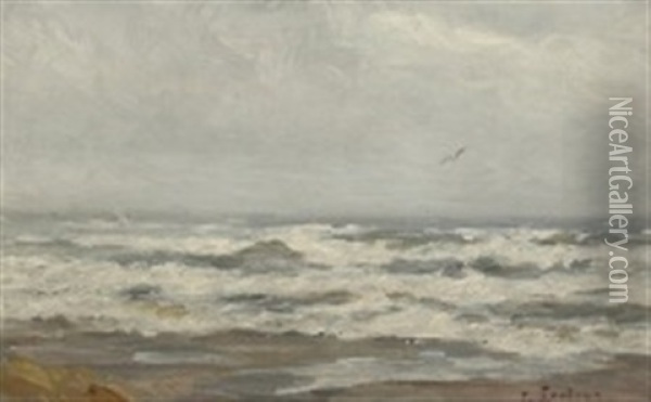 Coastal Scenery With Breaking Waves And A Flying Seagull Oil Painting - Carl Ludvig Thilson Locher