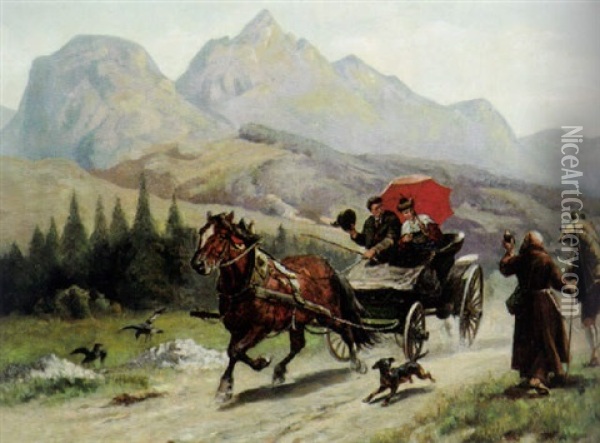 Einspannige Chaise Mit Bauernpaar Grust Wandermonch Und Kraxentrager Oil Painting - Louis (Ludwig) Braun