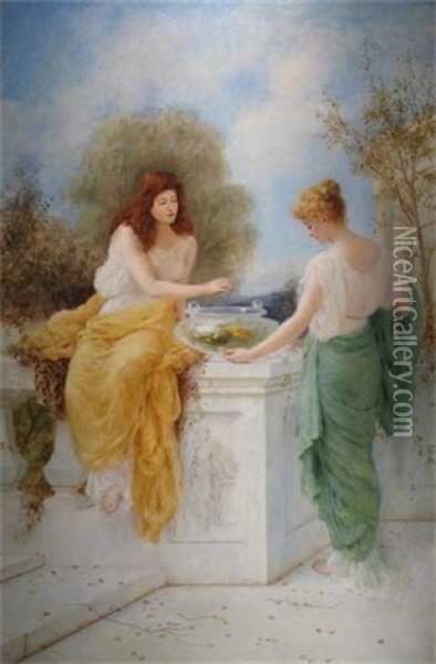 Classical Ladies On A Terrace By A Goldfish Bowl Oil Painting - John Reinhard Weguelin