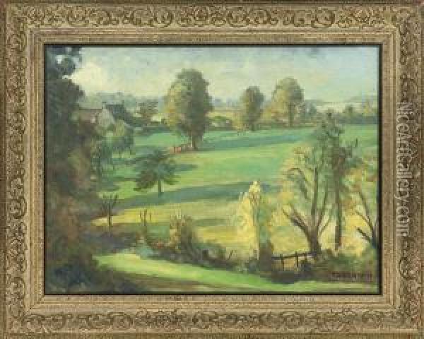 A View Across The Meadows, The Cotswolds Oil Painting - Alfred H.R. Thornton