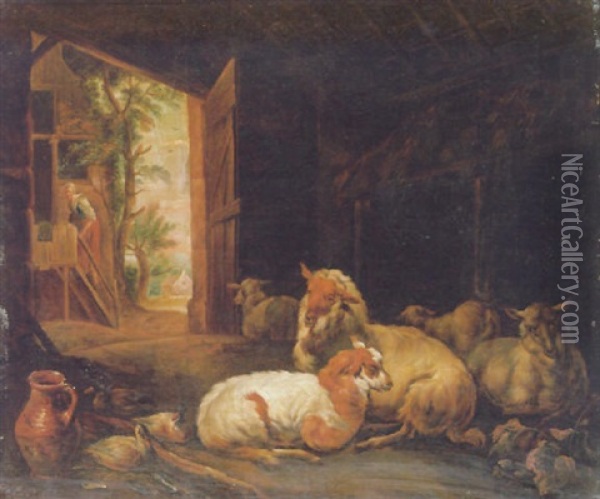 Sheep And Ducks In A Stable With A Maid Climbing The Stairs Of A Cottage And A Landscape Seen Through The Door Beyond Oil Painting - Jan van Gool