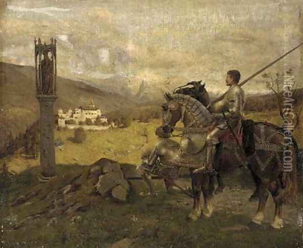 Knights before a wayside shrine Oil Painting - English School