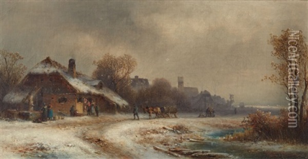 Winter Landscape With Peasants Oil Painting - Anton Doll