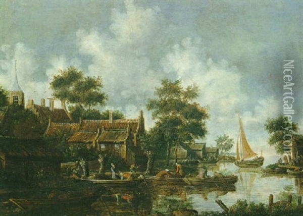 Paysage Fluvial Avec Des Embarcations De Pecheurs Oil Painting - Thomas Heeremans