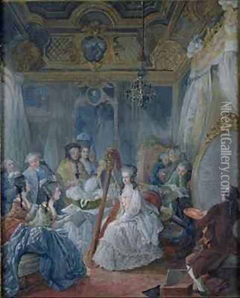 Marie Antoinette 1755-93 in her chamber at Versailles in 1777 Oil Painting - Jacques - Fabien Gautier - Dagoty
