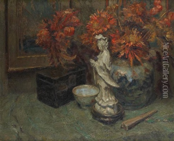 Blanc De Chine Sur Fond Floral Oil Painting - Ernest Rocher