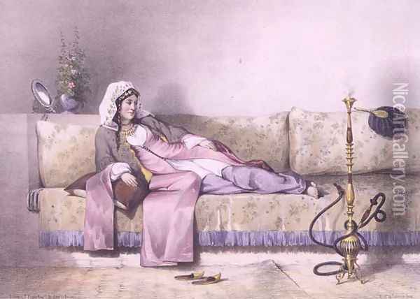 Egyptian Woman in a Harem in Cairo, illustration from The Valley of the Nile engraved by Bureau, pub. by Lemercier, 1848 Oil Painting - Emile Prisse d'Avennes