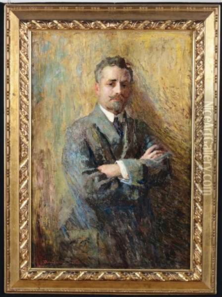 Ritratto Di Gentiluomo, 1915 Ritratto Di Gentildonna, 1915 Oil Painting - Giuseppe Amisani