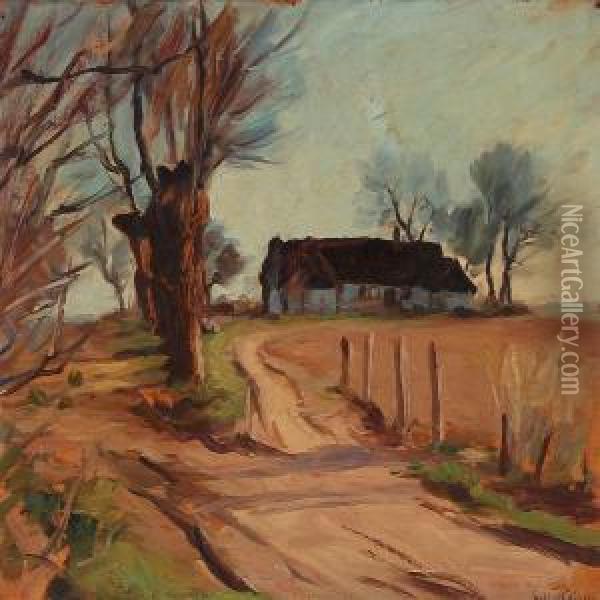 Village Road With A Farm In The Background Oil Painting - Sally Philipsen