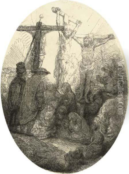 Christ Crucified Between Two Thieves: Oval Plate Oil Painting - Rembrandt Van Rijn