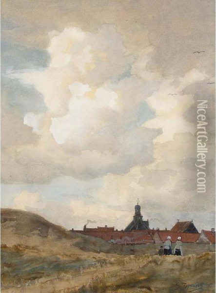 A Dune Landscape With Fisherwomen Returning Home Oil Painting - Geo Poggenbeek